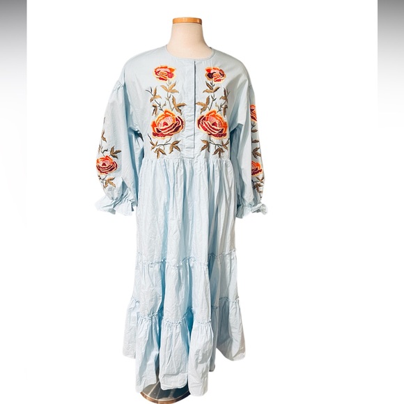 Anthropologie Samant Chauhan Tiered Embroidered Maxi Dress, Blue Size M NWT - Picture 2 of 12